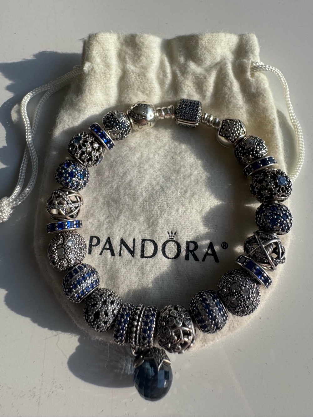 Pandora Silver Charm Bracelet with Navy Blue Accents